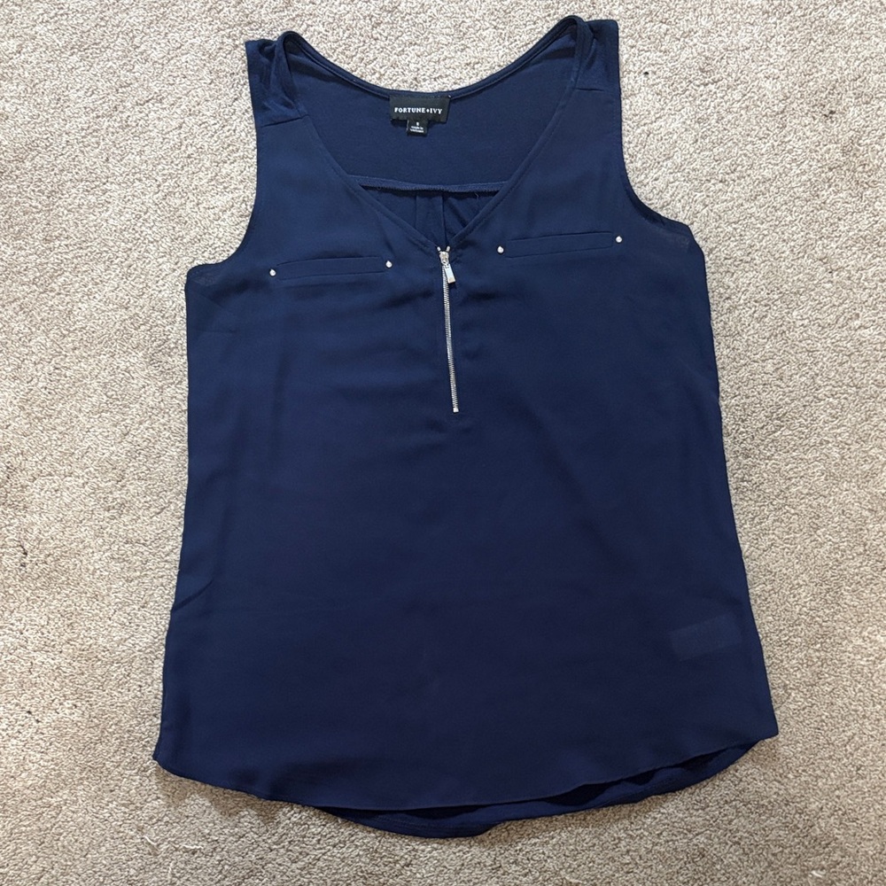 Elegant Navy Sleeveless Blouse with Zipper
